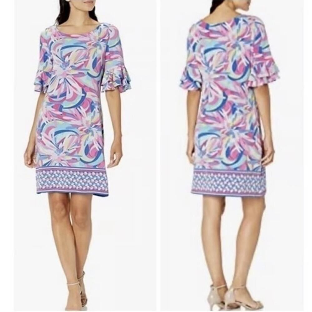 Pappagallo Colorful Pastel Floral Fairy Ruffle Sleeve Shift Dress Size Medium